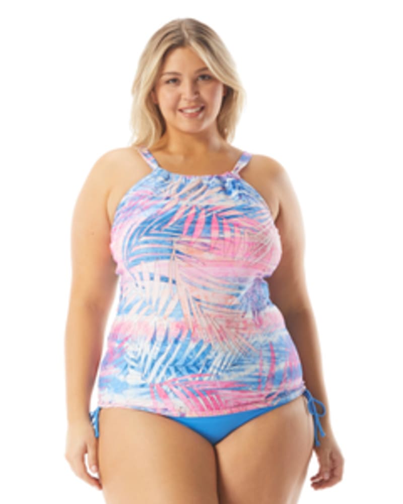 Front of a model wearing a size 16W Blair High Neck Tankini in PARADISE PERI 504 by Beach House Woman. | dia_product_style_image_id:269113